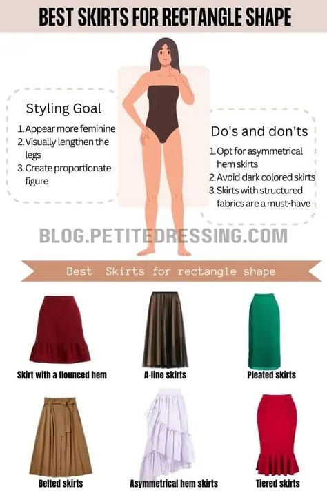 Rectangle Body Shape Fashion, Body Type Clothes, Rectangle Body Shape Outfits, Petite Dressing, Dress Body Type, Rectangle Body Shape, Skater Skirts, Body Skirt, Body Outfit