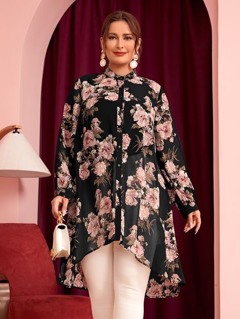 Tunic For Plus Size Woman, Floral Print Shirt Outfit Women, Over Size Shirt Outfit Women, Floral Tunic Outfit, Stylish Long Tops For Women, Long Tops Designs, Chiffon Tops For Women, Elegant Plus Size Outfits, Long Tunics For Women