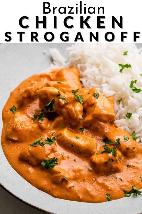 Brazilian Chicken, Brazilian Dishes, Chicken Stroganoff, Stroganoff Recipe, Chicken And Rice, Brazilian Food, Portuguese Recipes, Dinner Idea, Poultry Recipes