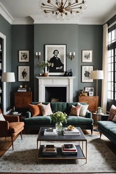 Vintage Design Living Room, Modern Period Living Room, Deep Color Living Room, Victorian Interior Design Modern, City House Aesthetic, Vintage Interior Design Living Room, Modern Vintage Decor Living Room, Victorian Living Room Ideas Modern, Modern Victorian Decor Living Room