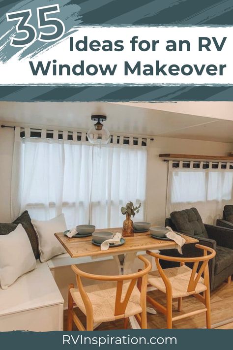 Rv Valance Makeover, Rv Window Treatments Ideas, Rv Window Makeover, Rv Window Treatments, Remodel Camper, Window Makeover, Peel And Stick Shiplap, Pipe Curtain Rods, Rv Curtains