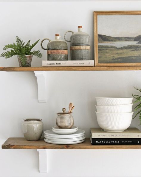 Kitchen Dining Room Shelf Decor, Art On Kitchen Shelves, Art In Kitchen Modern, Open Shelf Farmhouse Kitchen, Modern Open Shelf Decor, Book Ends Kitchen Cookbook Shelf, Open Bottom Shelves Kitchen, Open Shelve Decor Kitchen, How To Style Open Shelving In Kitchen