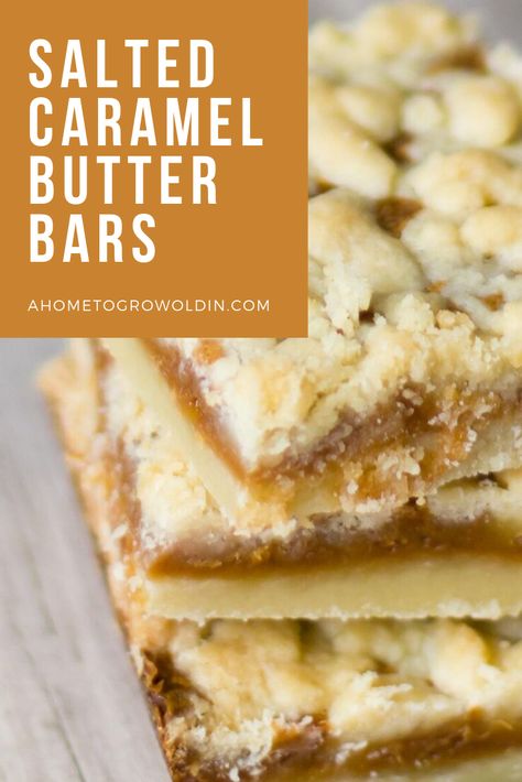 An easy dessert made from scratch, this ooey gooey Salted Caramel Butter Bars recipe is a delicious blend of salty and sweet that is a great party idea. #ahometogrowoldin #dessertbars #baking Disney Caramel Butter Bars, Salted Caramel Butter Bars, Caramel Butter Bars, Salted Caramel Desserts, Butter Bars Recipe, Easy Dessert Idea, Caramel Butter, Salty Desserts, Salted Caramel Bars