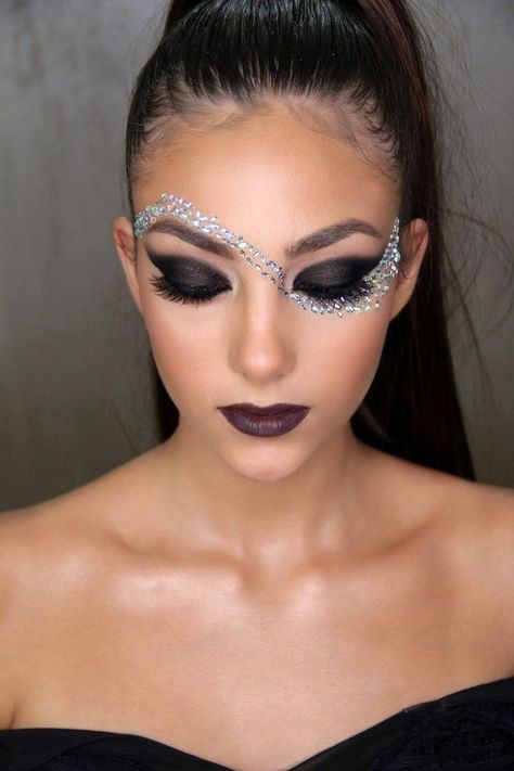 Nye Rave Makeup, Acrobat Makeup, Eye Gems Makeup Rhinestones, Mascarade Makeup, Jeweled Makeup, Futuristic Makeup Looks, Festival Makeup Looks, Dance Competition Makeup, Competition Makeup