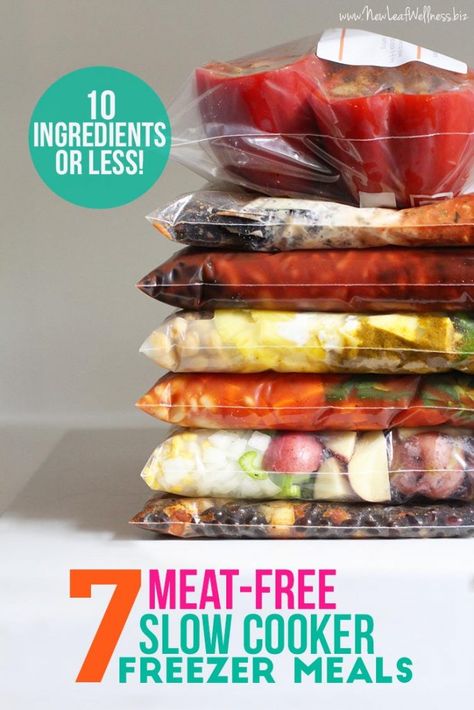 Seven Meat Free Slow Cooker Freezer Meals with 10 Ingredients or Less | The Family Freezer Vegan Freezer Meals, Zucchini Pommes, Vegetarian Freezer Meals, Slow Cooker Meat, Slow Cooker Freezer Meals, Budget Freezer Meals, Printable Recipes, Freezer Meal Planning, Slow Cooker Vegetarian