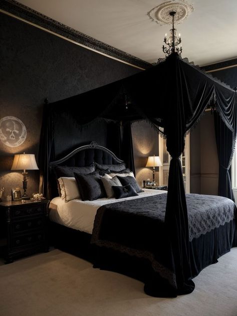 Goth Bedroom Ideas, Black Canopy Bed, Goth Bedroom, Black Bedroom Design, Vintage Bedroom Decor, Gothic Bedroom, Feminine Bedroom, Moody Bedroom, Dark Bedroom