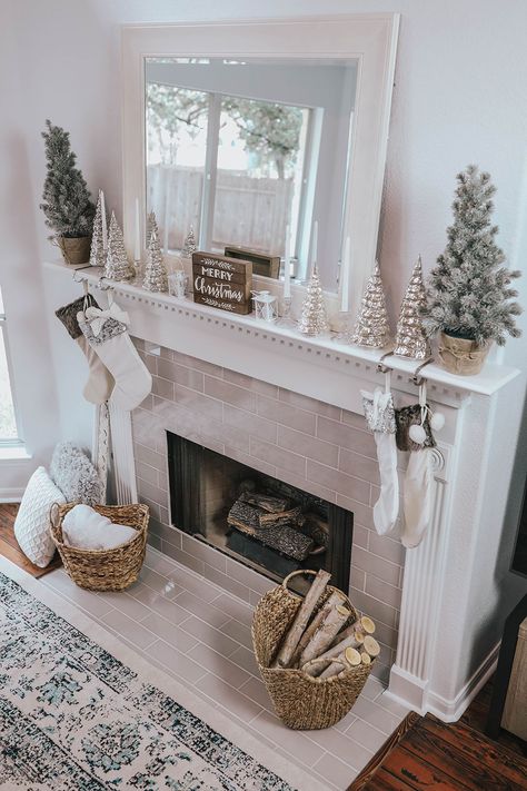 Winter Fireplace, Wednesday Friends, Fireplace Mantle Decor, Fireplace Tile Surround, Christmas Mantle Decor, Fireplace Mantel Decor, Christmas Fireplace Decor, Christmas Mantel Decorations, Christmas Mantle