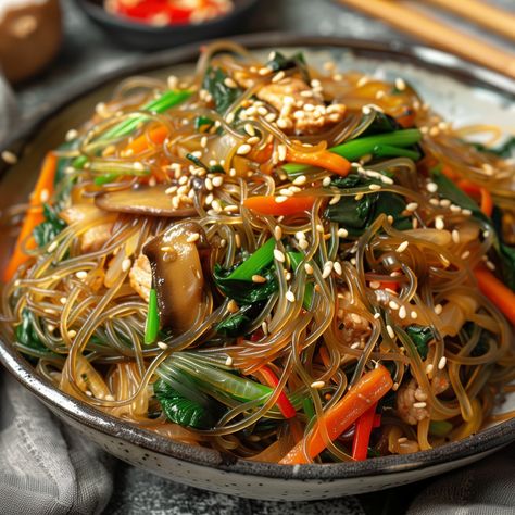 Korean Japchae (Stir-fried Glass Noodles) Japchae Recipe Vegetarian, Dinner Ideas Korean, Healthy Korean Dinner, Korean Glass Noodles Recipe, Asian Food Recipes Korean, Korean Healthy Food, Glass Noodle Recipes, Healthy Korean Food, Glass Noodle Stir Fry