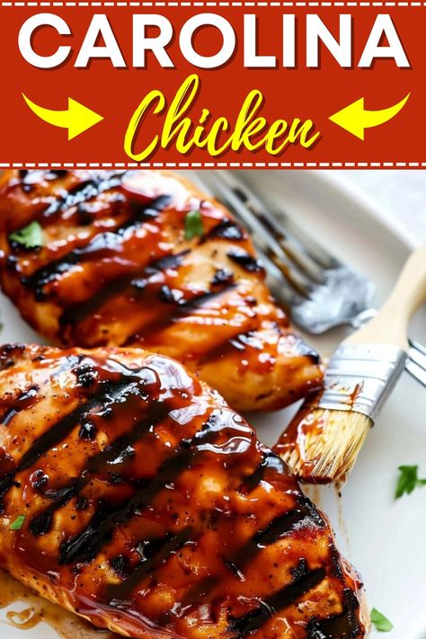 Get a taste of the South with Carolina chicken! Grilled in a sweet brown sugar and vinegar barbecue base, it's impossible to resist! The Best Bbq Chicken, Carolina Bbq Chicken, Best Grilled Chicken Recipes, Grill Foods, Chicken Breast Marinade Recipes, Bbq Grilled Chicken Recipes, State Recipes, Best Grilled Chicken Recipe, Best Bbq Chicken