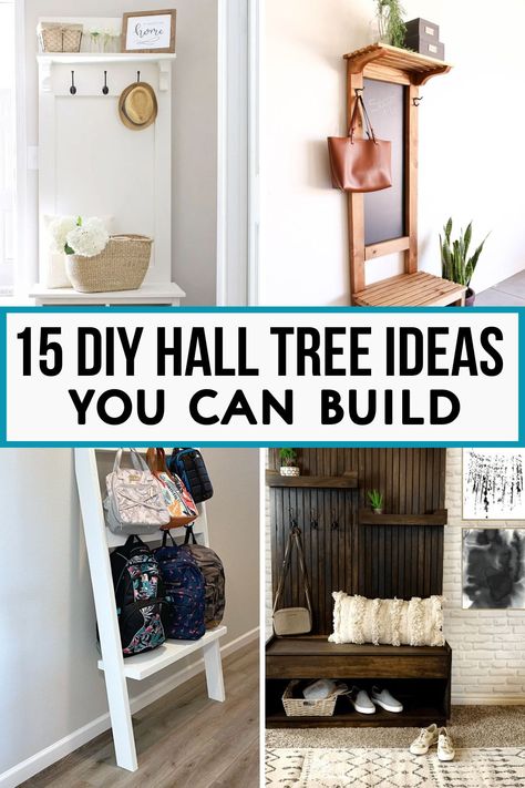 Discover 15 stunning DIY hall tree ideas to transform your entryway into an organized and stylish space! Get the plans and get building! Build A Hall Tree, Floating Hall Tree, Hall Coat Tree, Diy Coat And Shoe Rack Small Entryways, Narrow Hall Tree Ideas, Hall Tree Alternative, Hall Tree Entryway Ideas, Hall Trees Entryway, Coat Tree Entryway Diy Projects