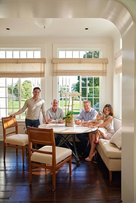 The renovated shingle-style house is the family's bright and modern escape from city life, and Hollywood's prying eyes. House In The Hamptons, Dining Room Window Treatments, Breakfast Rooms, Hampton Home, Sunroom Addition, Dining Room Windows, Shingle Style Homes, Elegant Interior Design, Celebrity Homes