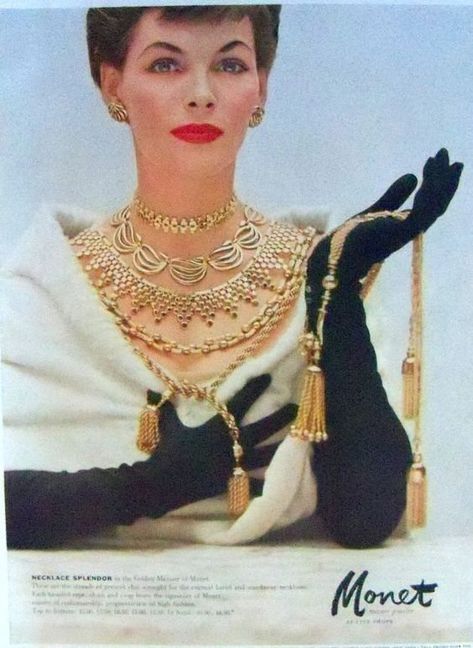 MONET JEWELRY ADVERTISEMENTS | carriescouture 50s Jewelry, Jewellery Advertising, Patti Hansen, Lauren Hutton, Walmart Jewelry, Jewelry Ads, Monet Jewelry, Magazine Ad, Gold Necklaces