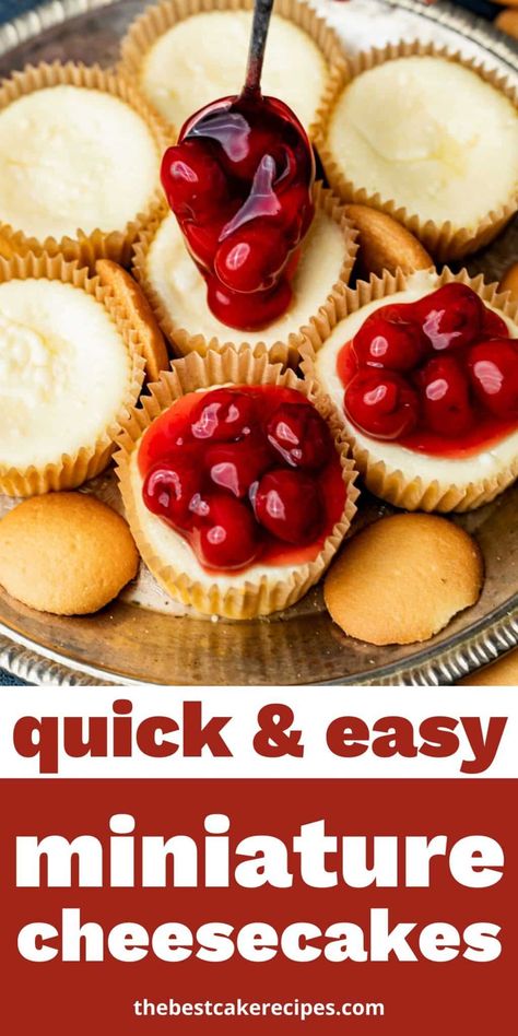 Learn how to make mini cheesecake cups with an easy cookie crust. There are endless topping ideas for these creamy cheesecakes. Cheesecake Tarts With Vanilla Wafers, Bills Wafer Mini Cheesecakes, Cream Cheese Cups Desserts, Mini Cherry Cheesecakes Vanilla Wafers, Petite Cheesecake Cups, Cherry Cream Cheese Tarts, Strawberry Cheesecake Mini Cups, Individual Cheese Cakes Recipes, Small Cheesecake Minis