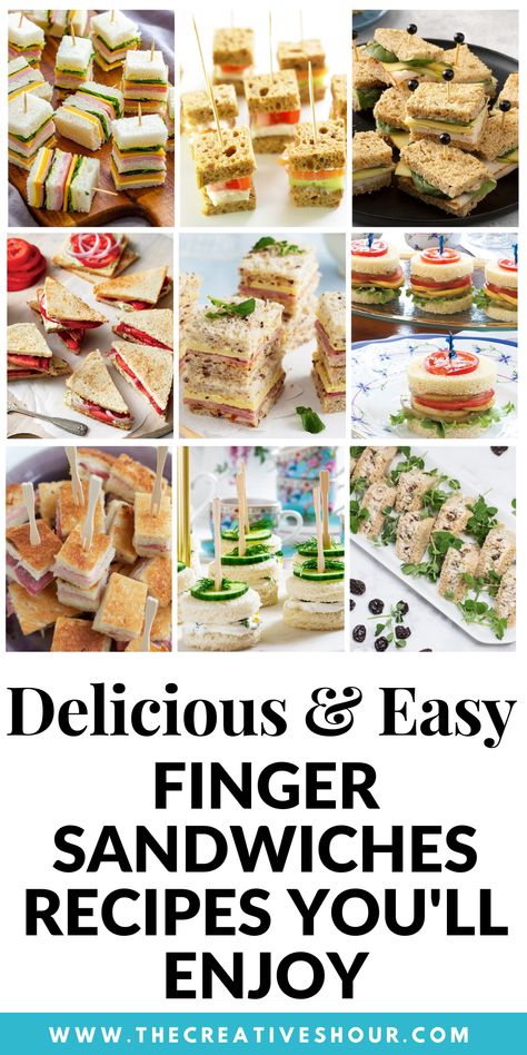 With so many delicious finger sandwiches, you will find the perfect appetizer for your next event. These delightful finger sandwiches have everything from classic cucumber sandwiches to savory vegetarian options. Click here for more delicious finger sandwiches, finger sandwiches for a crowd, finger sandwiches for appetizers, finger sandwiches for bridal showers, easy & vegetarian finger sandwiches recipes, finger sandwiches for the tea party, finger sandwiches for Hawaiian party rolls. Finger Sandwiches Party, Easy Finger Sandwiches, Sandwiches Party, Sandwiches For A Crowd, Party Sandwiches Recipes, Tea Party Sandwiches Recipes, Tea Party Menu, Tea Party Sandwiches, Sandwiches Recipes