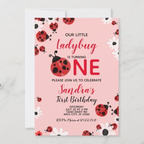 Ladybug 1st Baby Girl Birthday Invitation for $2.98 - Birthday Invitations Ladybug One Year Birthday, Ladybug Theme Party 1st Birthdays, Lady Bug First Birthday Ideas, Ladybug 2nd Birthday Party, 1st Birthday Ladybug Theme, Ladybug 1st Birthday Party Ideas, Lady Bug First Birthday Girl, Lady Bug Baby Shower Theme Girl, Love Bug First Birthday Party