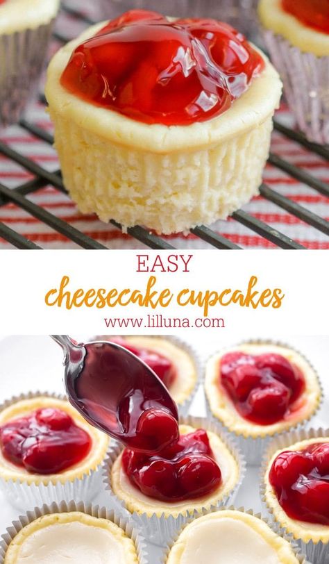 Cheesecake Cupcakes are a bite-sized cheesecake treat. Top with cherry pie filling, or any other topping you like! #cheesecakecupcakes #cheesecake #cherryrecipes #cupcakes #dessert Easy Cheesecake Cupcakes, Cheesecake In Cupcake Liners, Crumb Dessert, Cheesecake Cups Recipe, Cheesecake Cupcakes Recipe, Cups Recipes, Cheese Cake Filling, Frozen Cheesecake, Apple Crumb