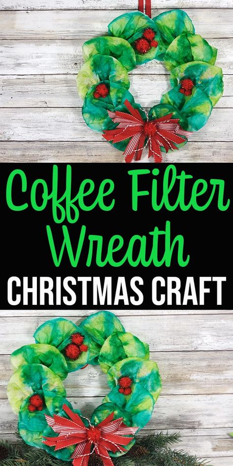 This Coffee Filter Wreath is a cute Christmas craft for kids of all ages. Transform coffee filters and a paper plate into a colorful wreath decoration. These are easy to make and look so pretty when finished. You can create this coffee filter craft in about 30 minutes (plus drying time) with help from the kids! Great project to do with preschool and kindergarten children. Schoolage Christmas Craft, Christmas Gift For Preschoolers, Holiday Classroom Craft Ideas, Elementary Age Christmas Crafts, Christmas Crafts Coffee Filters, Crafts To Do With Coffee Filters, Preschool Christmas Ornaments Easy, Class Christmas Projects, Christmas Crafts In The Classroom