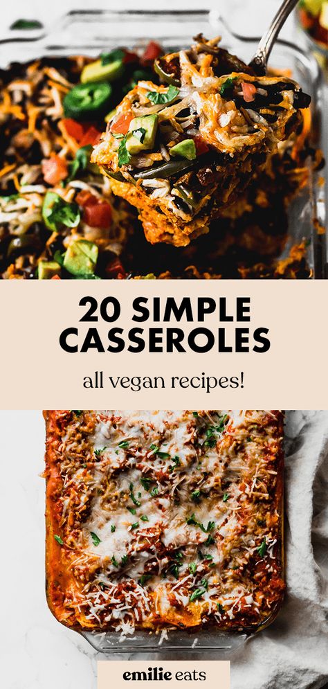 Save this list of 20 vegan casserole recipes for go-to easy, cozy meals! It has from vegan enchilada casserole to vegan baked ziti. Easy Vegan Recipes Healthy Breakfast, Vegan Thanksgiving Casserole Recipes, Vegan Dinner Casserole Recipes, Vegan Group Meals, Vegan Recipes Casserole, Vegan Large Group Meals, Vegan Noodle Casserole, One Dish Vegan Meals, One Pan Vegan Meals