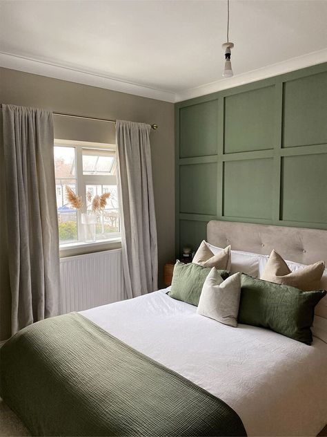 Green Panelling Bedroom Ideas, Sage Green And White Panelling, Bedroom Panelling Sage Green, Olive Coloured Bedroom, Olive Green And Beige Bedding, Olive Green Bedroom Feature Wall, Sage Wall Panelling, Green Panel Wall Bedroom, Forest Green Bedroom Furniture