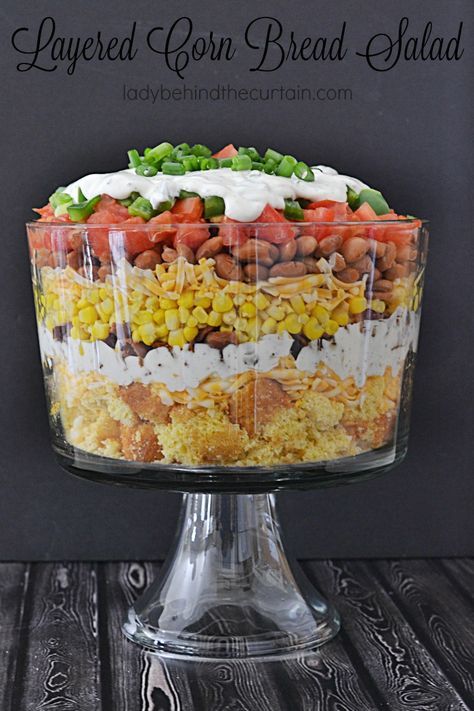 This salad makes such a nice presentation. Use a clear bowl with straight sides to show off the layers. The perfect size for a large get together. Recipe With Lettuce, Layered Cornbread Salad, Cornbread Salad Recipe, Bread Salad Recipe, Cornbread Salad, Layered Salad Recipes, Trifle Bowl, Layered Salad, Bread Salad