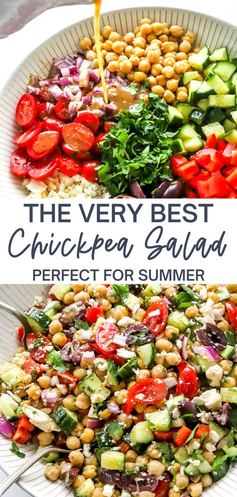 This cool and refreshing mediterranean chickpea salad is perfect for summer. You can make it in minutes and even make it ahead. It is made with mediterranean flavors like tomatoes, cucumber, feta and olives and tossed in the most flavorful vinaigrette dressing that you are going to love! Best Chickpea Salad, Feta And Olives, Mediterranean Chickpea, Mediterranean Diet Recipes Dinners, Mediterranean Flavors, Mediterranean Chickpea Salad, Easy Mediterranean Diet Recipes, Root Vegetable, Best Salad Recipes