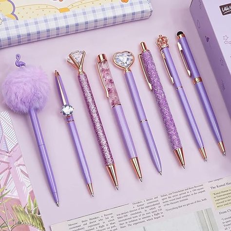 Amazon.com : WEMATE 8Pcs Ballpoint Pens Set Purple Pens Set Purple Ballpoint Pen Bling in Black & Blue Metal Crystal Diamond Pen for Journaling Glitter Fancy Pens Gifts for Women Wedding Office : Office Products Elegant Writing, Cute Writing, Purple Pen, Stationery Obsession, Cute Stationary School Supplies, Fancy Pens, Pretty Pens, Diamond Pen, Cute Pens