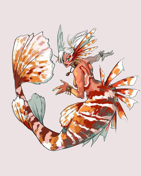 Lionfish Mermaid 🦁⠀ ⠀ -Day 4 of Mermay-⠀ Another beautiful fish....but deadly!☠️⠀ The look of lionfish always remind me of fearless warriors and fighters (they’re poisonous, and also considered as invasive species.) So I gave her a more buff body type! I love drawing muscles but I also need to do more studies on it! :o⠀ I used reference for the pose, it turned out really fun to experiment with mermaid anatomy! I first thought it’s going to be difficult but I think I’m already more familiar with Water Character Concept Art, Lionfish Character Design, Lionfish Drawing, Lion Fish Mermaid, Character Design Mermaid, Lionfish Art, Whale Character Design, Merfolk Character Design, Betta Fish Mermaid