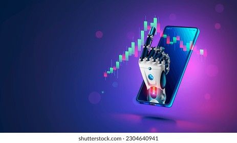 Robot trader. AI for automation trading on stock market. Hand robot point at candlestick graph on screen phone. Artificial intelligence trader. Artificial Neural network in App for Online trading. 3d Mobile, Big Data Technologies, Laptop Display, Artificial Neural Network, Data Network, Online Communication, Smart Robot, Neural Network, Predictive Analytics