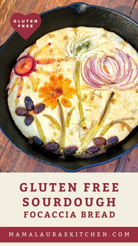 Gluten Free Sourdough Focaccia Bread - Mama Laura's Kitchen Painting With Food, Sourdough Focaccia Recipe, Gluten Free Focaccia, Sourdough Focaccia, Gluten Free Sourdough, Focaccia Recipe, Gluten Free Appetizers, Sourdough Starter Recipe, Gf Bread