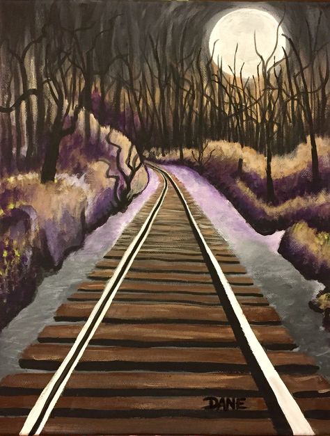 Old Train Track is an 11 x 14" acrylics on canvas painting. Train Track Painting, Train Tracks Painting, Train Painting Easy, Train Painting Acrylic, Train Tracks Drawing, Painting Of Train, Acrylic Painting On Canvas Easy, Painting On Canvas Easy, Train Painting