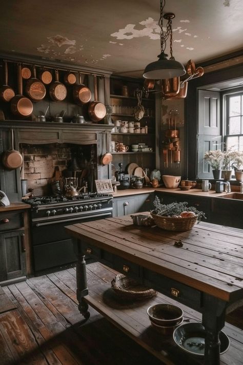 Kitchen Dark Cottage Interior Design, Dark Cottagecore Decor Kitchen, Moody Victorian Kitchen, Gothic Farmhouse Kitchen, Dark Cottagecore Kitchen, Earthy Kitchen Decor, Victorian Homes Interior Kitchen, Witchy Kitchen Aesthetic, Victorian Kitchen Ideas