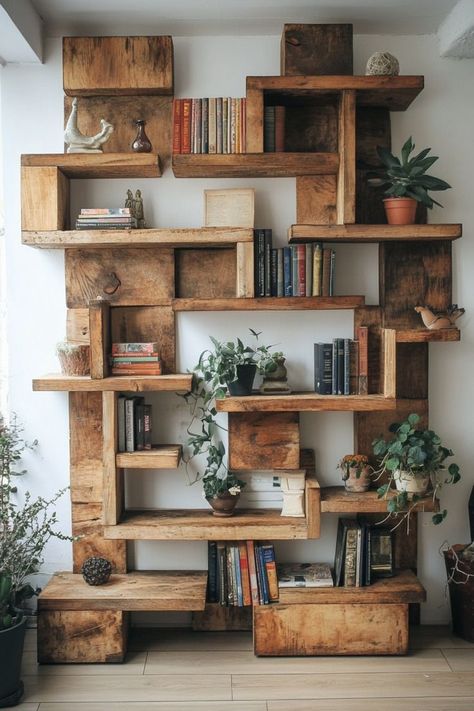 Personalize your storage with customized wooden shelving. Perfect for displaying books, plants, or decorative items, wooden shelves bring both function and beauty. 📚✨🌲 #WoodenShelves #CustomDesign #HomeStorage #FunctionalDecor Japanese Bookshelf Aesthetic, Thick Wooden Shelves, Rustic Wooden Shelves Living Room, Live Edge Bookcase, Cedar Bookshelf, Cabin Bookshelf, Japanese Bookshelf, Shelving Diy, Rustic Shelving