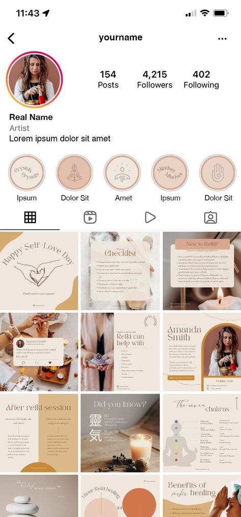 Instagram Feed Grid with beautiful modern design for Reiki masters, spiritual workers, magicians or astrology specialist workers in beige, orange and pink colors. Social Media Stories, Posts, Story Highlight Covers Reiki Post Ideas, Spiritual Digital Products, Reiki Social Media Content, Energy Healing Branding, Reiki Instagram Feed, Spiritual Highlight Covers, Therapy Social Media Posts, Reiki Branding, Reiki Business Ideas