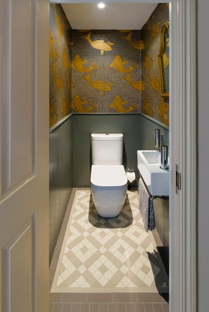 traditional cloakroom with gold fish wallpaper at battersea house Understairs Toilet, Small Downstairs Toilet, Cloakroom Toilet, Bathroom Under Stairs, Downstairs Cloakroom, Toilet Room Decor, Bilik Air, Small Toilet Room, Downstairs Loo