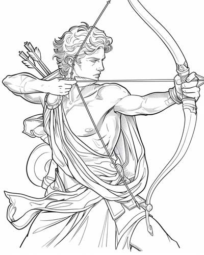 coloring page of Apollo as an archer Greek Roman Mythology, World On Shoulders Drawing, Greek Drawings Mythology Art, Apollo Statue Tattoo, Greek Mythology Outline, Ancient Greek Gods Art, Greek Art Sketch, Greek Gods Art Drawing, Hermes Greek God Art