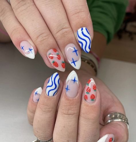 30+ Favorite 4th of July Nails to Try in 2024 - ♡ July Blossom ♡ 4th Of July Nail Inspiration, Funky Fourth Of July Nails, Fourth Of July Nails Cherry, 4th July Nails 2024, 4th Of July Nails Blooming Gel, 4th Of July Nails Funky, 4th Of July Cherry Nails, Forth Of July Nail Art Designs, 4ty Of July Nails