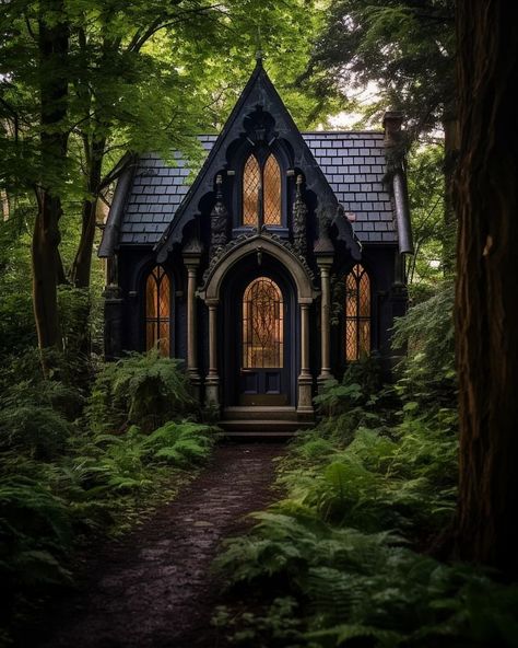 Tiny Gothic Homes 🏡⚫️🌲🌿✨️ . . . . Conjured blending Midjourney AI, Photoshop and Topaz… | Instagram Gothic One Story House, Tiny Gothic House, Tiny House Gothic, Gothic Tiny House Plans, Victorian Style Tiny House, Gothic Tiny Home, Gothic Tiny House Interior, Black Gothic House, Small Gothic House