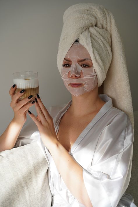 Girl relaxing drinking coffee face mask sheet mask perfect morning aesthetics aesthetically white aesthetics Face Mask Astethic, Face Mask Asethic, Sheet Masks Aesthetic, Facial Mask Aesthetic, Face Sheet Mask Aesthetic, Face Masks Aesthetic, Mask Photoshoot Ideas, Sheet Mask Aesthetic, Morning Aesthetics