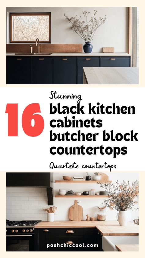 Black Kitchen Cabinets With Butcher Block Countertops - Posh|Chic|Cool Black Kitchen With Butcher Block, Butcher Block Countertops Black Cabinets, Kitchen Remodel Butcher Block Counter, Black Kitchen Cabinets Butcher Block, Black Cabinets Butcher Block Counter, Cabinets With Butcher Block Countertops, Navy Kitchen Cabinets, Island Farmhouse, Timeless Kitchen Design