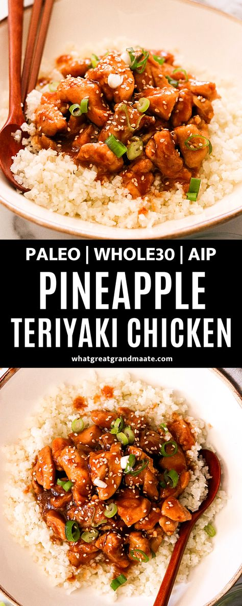 This Whole30 pineapple teriyaki chicken recipe is a quick and healthy weeknight meal, only sweetened with pineapple that's blended in the addicting sauce. It comes together in 15 minutes and you'll never get takeout again! #whole30 #paleo #glutenfree #teriyakisauce #sugarfree #aip #grainfree #chickendinner #weeknightmeal #autoimmuneprotocol #quickrecipe Pineapple Teriyaki Chicken, Autoimmune Diet Recipes, Aip Diet Recipes, Pineapple Teriyaki, Teriyaki Chicken Recipe, Autoimmune Recipes, Autoimmune Paleo Recipes, Aip Paleo Recipes, Easy Whole 30 Recipes