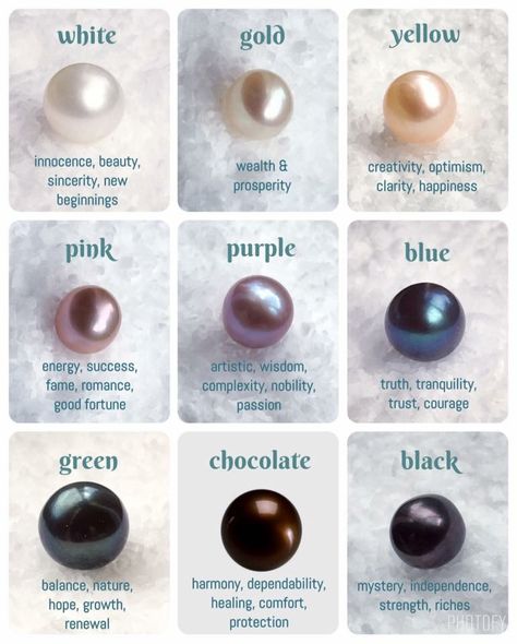 .PEARL COLOR AND THEIR MEANINGS...YOU THOUGHT ONLY TRADITIONAL GEMSTONES HAVE MEANINGS... What Do Pearls Symbolize, Pearl Color Meaning, Black Pearl Meaning, Different Types Of Pearls, Pearl Meaning Stones, Sea Accessories Fashion, Pearl Crystal Meaning, Meaning Of Pearls, Pearl Symbolism