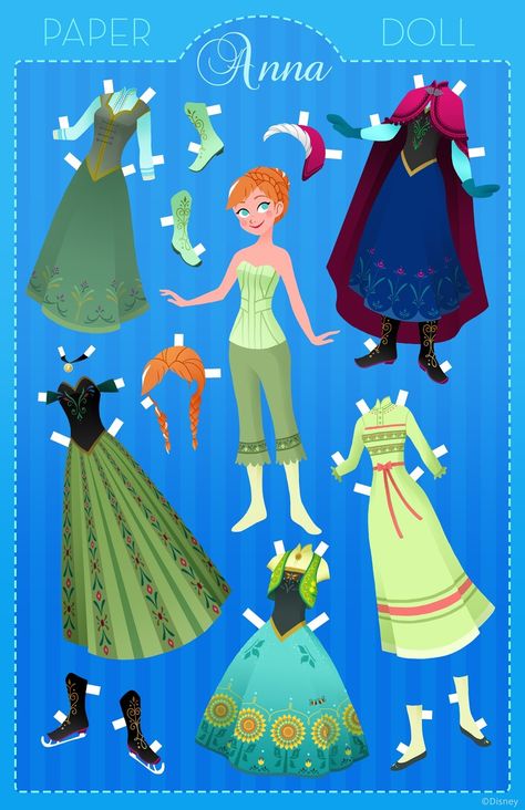 Can we just say something crazy? We think Anna from Frozen might have the perfect wardrobe. Frozen Paper Dolls, Disney Paper Dolls, Princess Paper Dolls, Disney Dress Up, Anna Disney, Paper Dolls Clothing, Girly Drawings, Paper Dolls Printable, Vintage Paper Dolls