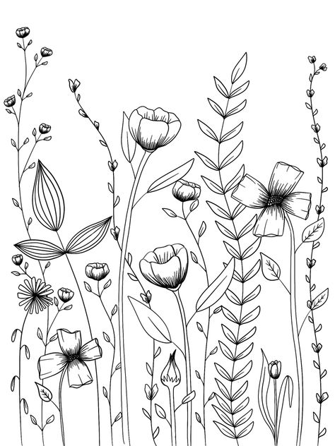 Doodle Plants, Black Pen Drawing, Wildflower Drawing, Flower Line Art, Botanical Line Drawing, Flower Notebook, Flower Line Drawings, Folk Art Flowers, Floral Drawing