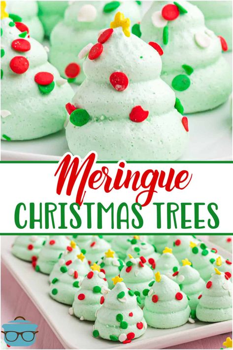 These Easy Meringue Christmas Trees are so simple to make, taste delicious and are absolutely adorable! Kids and adults love these meringue treats! Meringue Christmas, Easy Meringues, Christmas Tree Food, Meringue Desserts, Meringue Recipe, Country Cook, The Country Cook, Meringue Cookies, Country Cooking