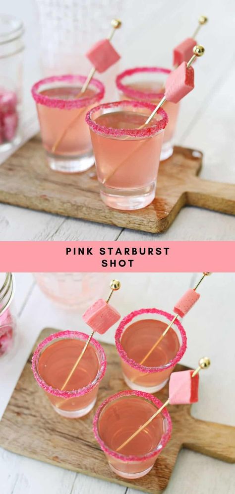 Pink Starburst Shot - A Beautiful Mess Starburst Shots Recipe, Pink Starburst Shot Recipe, Starburst Shot Recipe, Cute Girly Cocktails, Pink Starburst Shots, Pink Whitney Shots, 21st Bday Drinks, Pink Alcoholic Drink, Pink Drink Alcohol