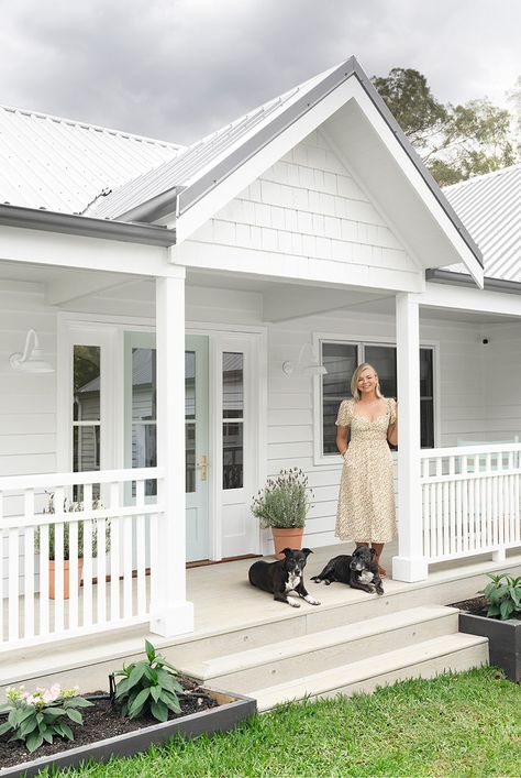 Queenslander Homes Exterior, White Weatherboard House, Coastal Farmhouse Exterior, Modern Queenslander, Weatherboard House, Front Verandah, Custom Front Doors, Farmhouse Renovation, Hampton House