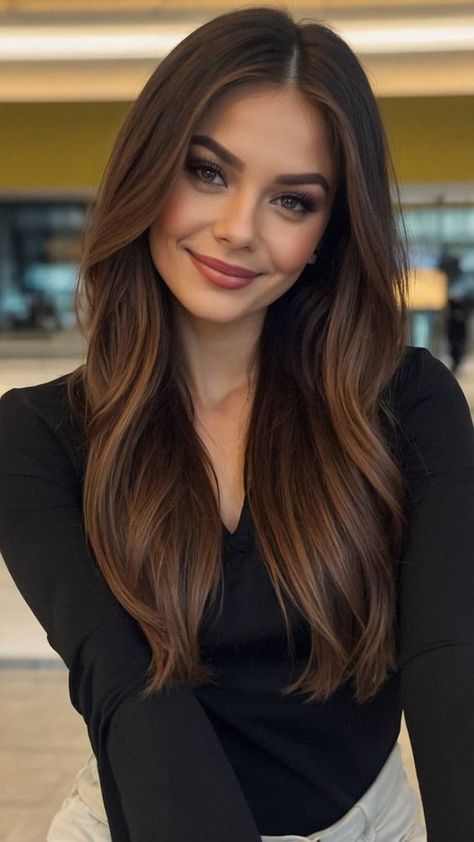 Dark Features Hair Color, Dark Hair And Caramel Highlights, Brown Hair For Natural Blondes, Natural Brown Hair Color With Highlights, Coffee Bean Brown Hair, Brunette Color With Highlights, Golden Brown Hair On Tan Skin, Toned Down Highlights, Cute Hair Color Ideas For Brunettes