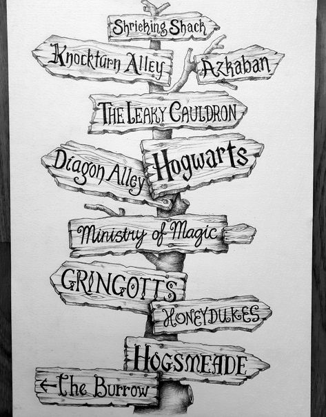 Sign Post Drawing, Painting Harry Potter, Harry Potter Tattoo Sleeve, Harry Potter Sketch, Harry Potter Journal, Imprimibles Harry Potter, Harry Potter Art Drawings, Harry Potter Painting, Harry Potter Classroom