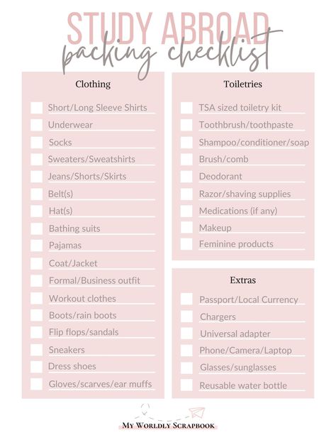 Checklist For Study Abroad, International Student Packing List Uk, International Student Packing List, Study Abroad Madrid, University Checklist, Study Abroad Packing List, Essential Packing List, Study Abroad Packing, Abroad Packing List