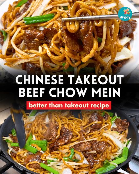 Chinese Takeout Beef Chow Mein Recipe | Better than Takeout Recipe | Easy Beef and Noodle Stir Fry via @diyjoycrafts Beef Chow Mein Recipe Easy, Beef Chow Mein Recipe, Beef Chow Mein, Noodle Stir Fry, Homemade Chinese, Homemade Chinese Food, Chow Mein Recipe, Chow Mein Noodles, Better Than Takeout